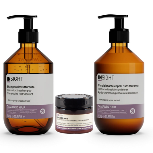 Pachet pentru par deteriorat, restructurant cu extract de germeni de grau, organic, INSIGHT, sampon 350 ml, balsam 350 ml, booster 35 grame
