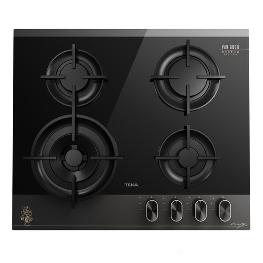 Plita pe gaz Teka GBC 64-VGogh VBC, 4 ochiuri, 60 cm, gratare din fonta, cristal securizat, Cristal gri închis/negru cu detalii în culoarea sampaniei