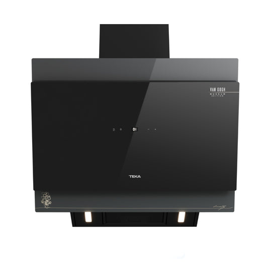 Hota cu design vertical, Teka DVT-VG 68660 TOS BK, 60 cm, 3 trepte putere si Turbo, Extractie perimetrala, Functie Freesh Air, 698 (m3/h), A+, Cristal gri închis/negru cu detalii în culoarea sampaniei