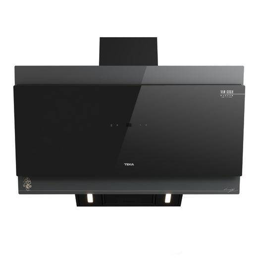 Hota cu design vertical, Teka DVT-VG 98660 TOS BK, 90 cm, 3 trepte putere si Turbo, Extractie perimetrala, Functie Freesh Air, 698 (m3/h), A+, Cristal gri închis/negru cu detalii în culoarea sampaniei