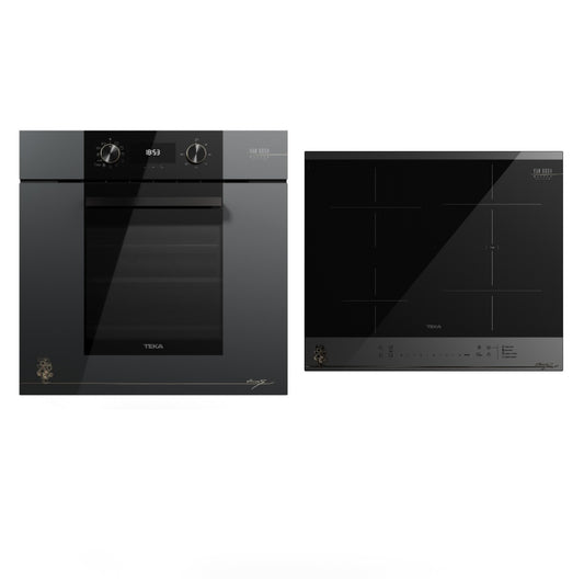 Pachet Cuptor incorporabil Teka HLB 84-VGogh, aer cald plus abur, HydroClean Pro, 70 litri, A+, plus Plita cu inductie Teka IBF 64-VGogh, 4 zone de gatit, 60 cm, Cristal gri închis/negru