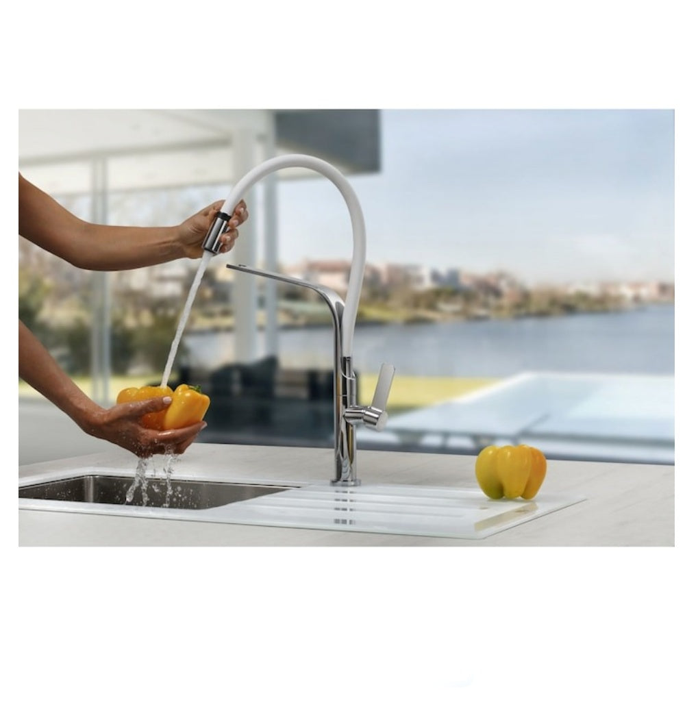 Baterie de bucatarie Teka FO 997 W, cu teava inalta, semiprofesionala, tub flexibil din cauciuc, Alb/Crom