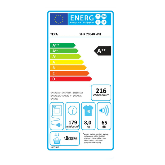 Uscator de rufe free-standing Teka SHK 70840 WH cu Pompa de caldura prin condensare, 8 kg, 14 programe, A++, alb