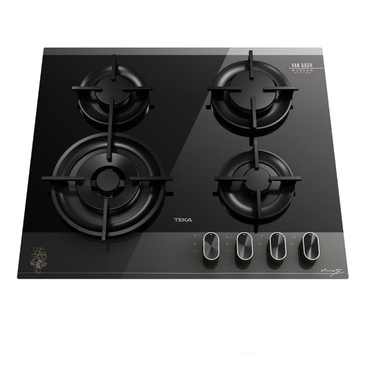 Plita pe gaz Teka GBC 64-VGogh VBC, 4 ochiuri, 60 cm, gratare din fonta, cristal securizat, Cristal gri închis/negru cu detalii în culoarea sampaniei