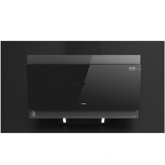 Hota cu design vertical, Teka DVT-VG 98660 TOS BK, 90 cm, 3 trepte putere si Turbo, Extractie perimetrala, Functie Freesh Air, 698 (m3/h), A+, Cristal gri închis/negru cu detalii în culoarea sampaniei