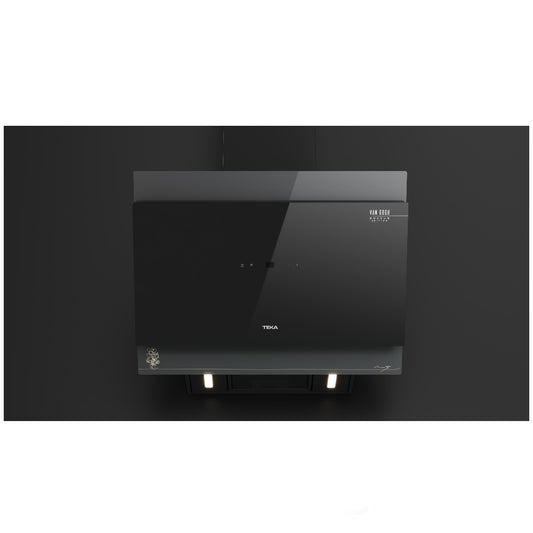 Hota cu design vertical, Teka DVT-VG 68660 TOS BK, 60 cm, 3 trepte putere si Turbo, Extractie perimetrala, Functie Freesh Air, 698 (m3/h), A+, Cristal gri închis/negru cu detalii în culoarea sampaniei