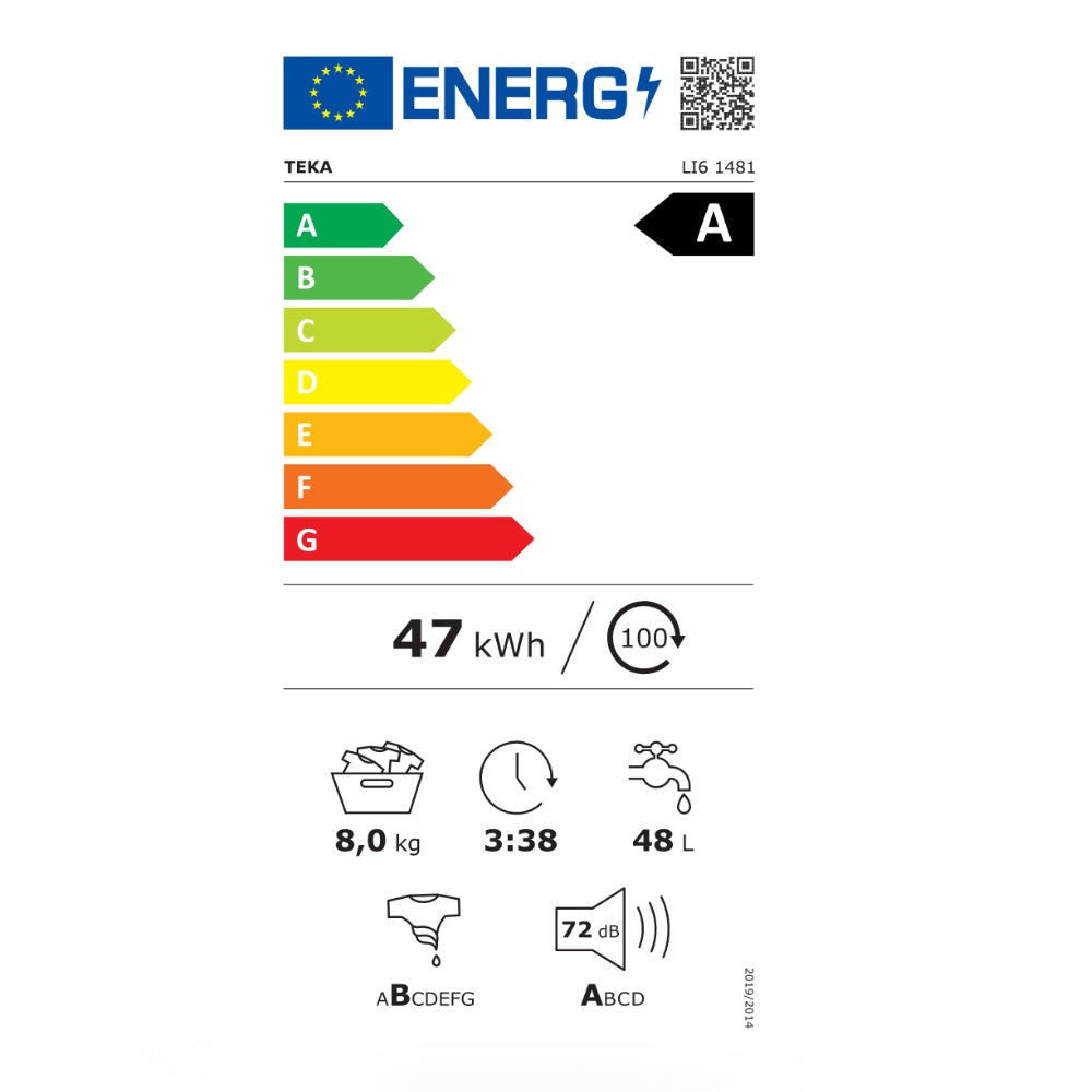 Masina de spalat rufe incorporabila Teka LSI6 1481, 8 kg, 1400 rpm, 16 programe de spalare, spalare super rapid: 15 minute, 60 cm, motor invertor, Clasa A