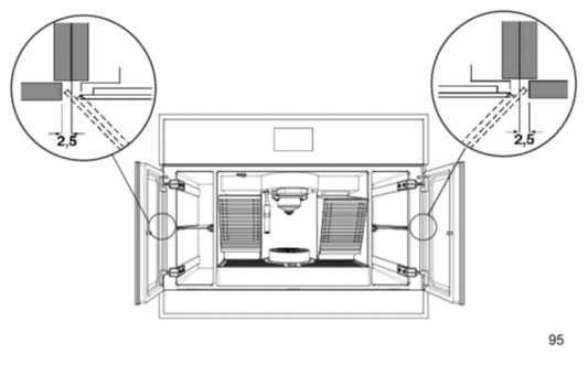 Schema tehnică alb-negru a mașinii de espresso încorporabile Teka CLC 8350 MC, cu detalii de instalare laterală și spațiere.