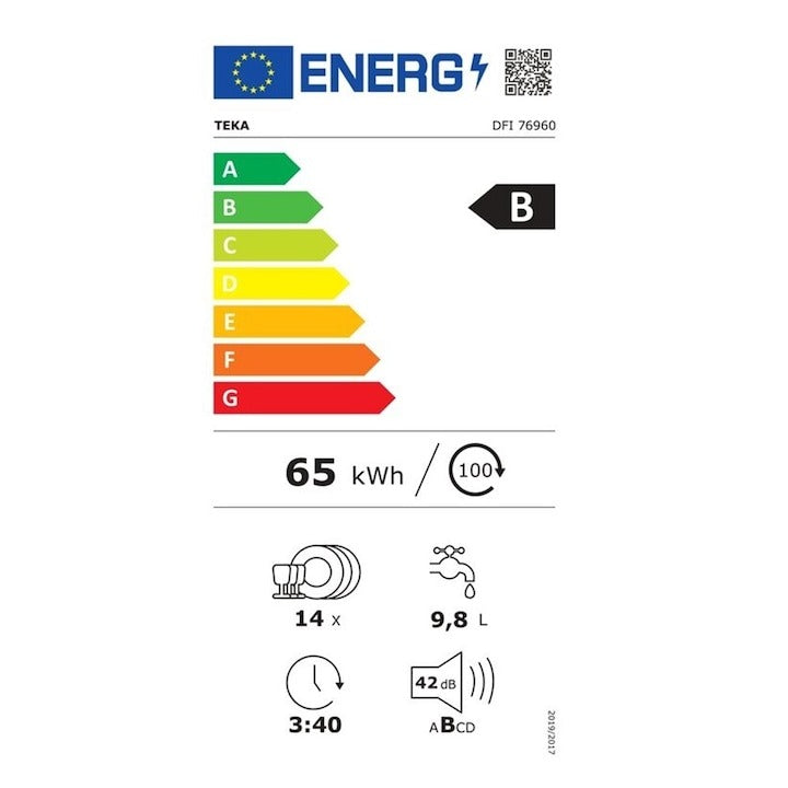 Masina de spalat vase Teka DFI 76960, complet incorporabila, 14 seturi, 8 programe de spalare, balamale glisante, motor cu invertor, 60 cm, clasa B