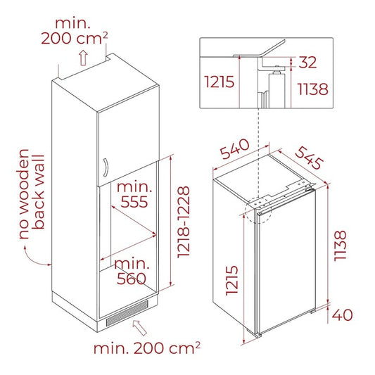 Frigider incorporabil Teka RSR 42260 FI, 175 l Clasa E, H 1215 mm