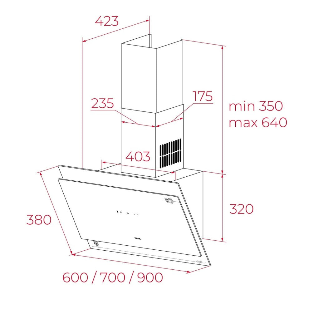 Hota cu design vertical, Teka DVT-VG 98660 TOS BK, 90 cm, 3 trepte putere si Turbo, Extractie perimetrala, Functie Freesh Air, 698 (m3/h), A+, Cristal gri închis/negru cu detalii în culoarea sampaniei