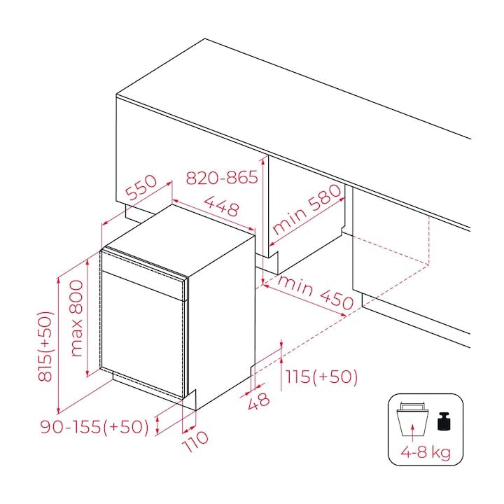 Masina de spalat vase Teka DFI 44850, complet incorporabila, 10 seturi, 6 programe de spalare, balamale glisante 45 cm, clasa E
