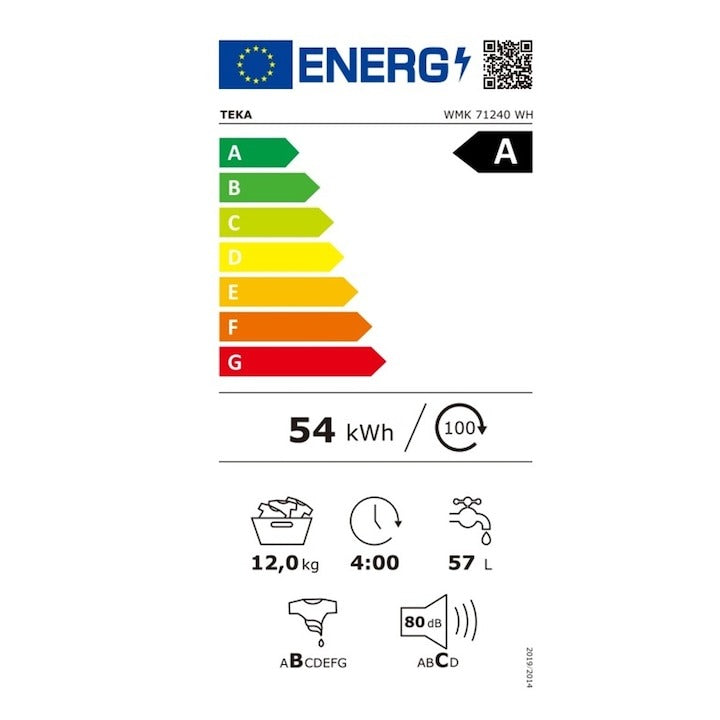 Masina de spalat rufe Teka WMK 71240 WH, 12 kg, 1400 rpm, 14 programe de spalare, 60 cm, Clasa A, alba