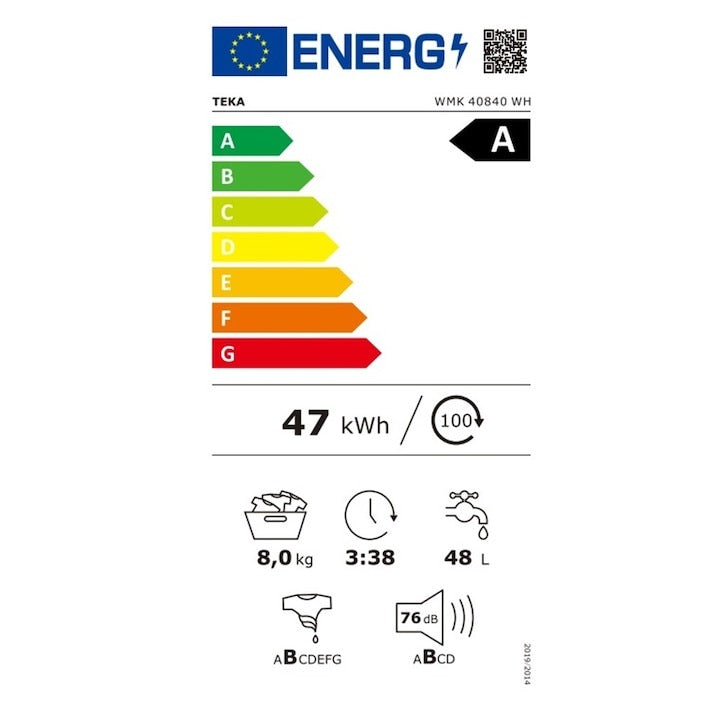 Masina de spalat rufe Teka WMK 40840 W, 8 kg, 1400 rpm, 15 programe de spalare, 60 cm, Clasa A, alba