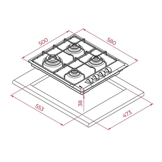 Plita pe gaz Teka HLX 640 KBA 0E IX, 4 ochiuri, 60 cm, gratare metal, inox