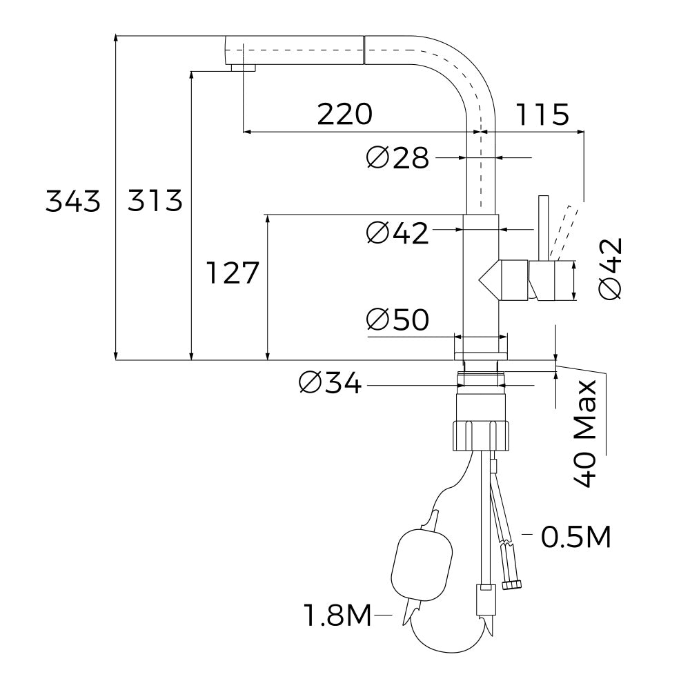 Baterie de bucatarie Teka UNI 9331 BK, cu teava inalta, cartus Eco, dus extractibil, Neagru