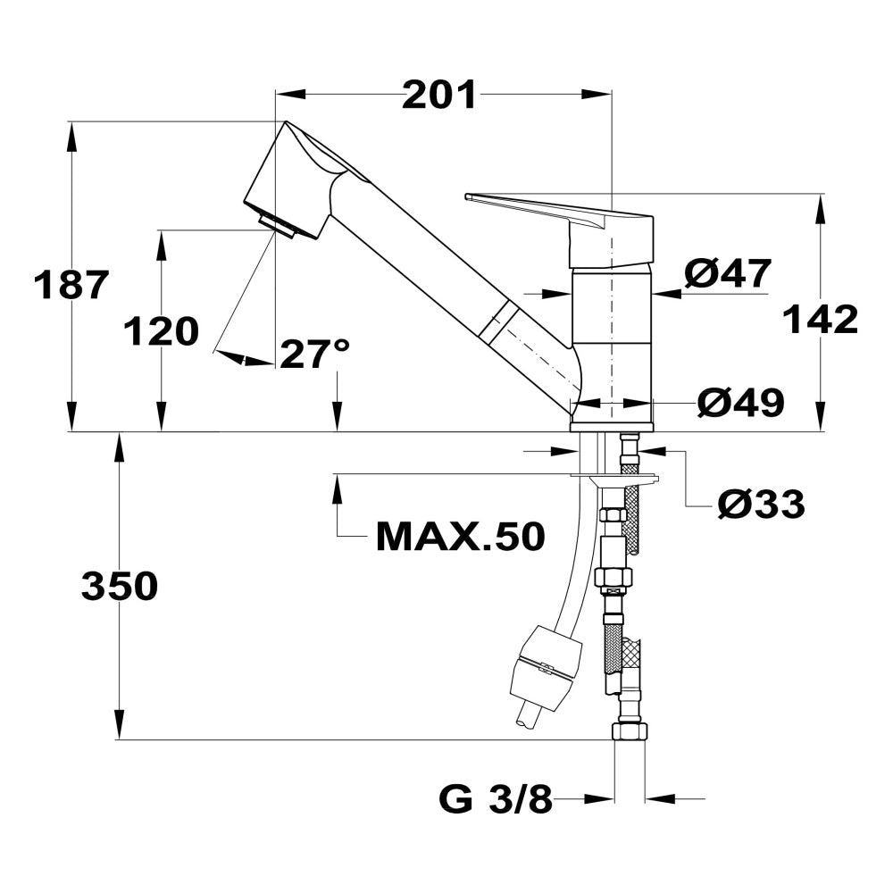 Baterie de bucatarie Teka MTP/IN 978, cu ţeavă joasă, Duș extensibil cu 2 funcții, crom