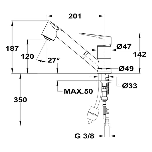 Baterie de bucatarie Teka MTP/IN 978, cu ţeavă joasă, Duș extensibil cu 2 funcții, crom