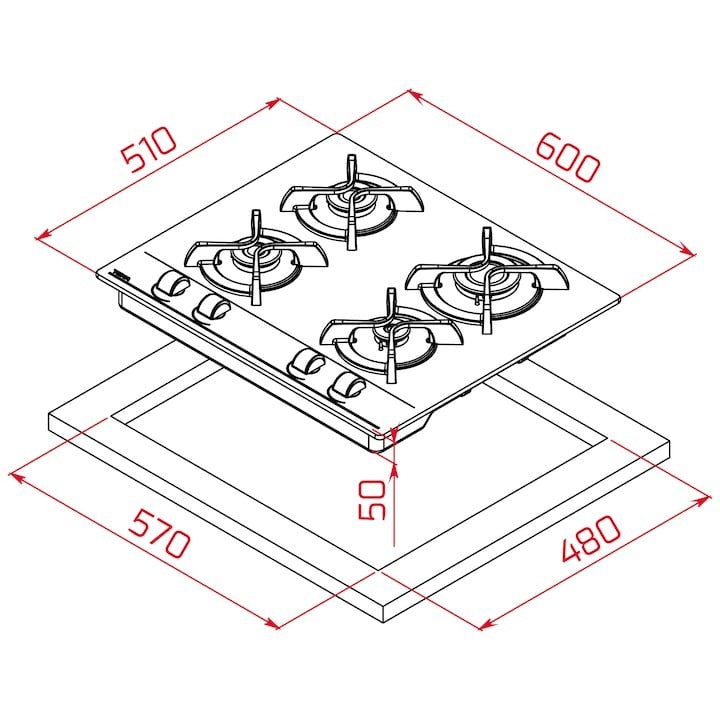 Plita pe gaz Teka GBC 64000 KBC WH (E4), cu 4 arzatoare, 60 cm, gratare fonta, Cristal alb