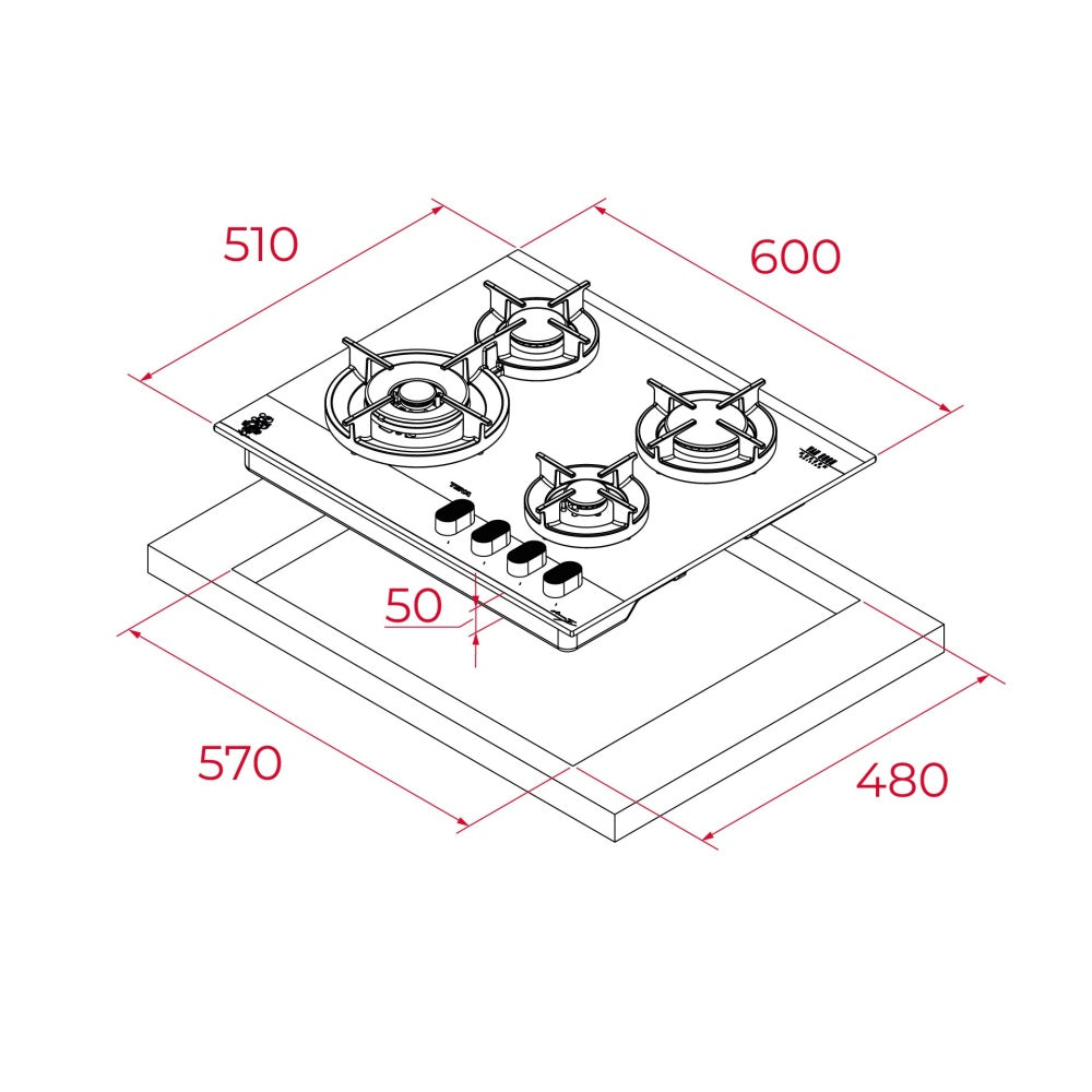 Plita pe gaz Teka GBC 64-VGogh VBC, 4 ochiuri, 60 cm, gratare din fonta, cristal securizat, Cristal gri închis/negru cu detalii în culoarea sampaniei