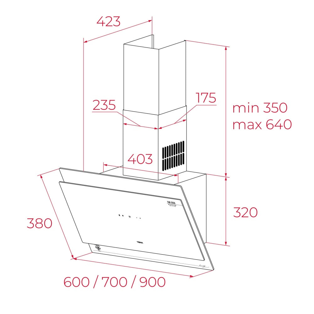 Hota cu design vertical, Teka DVT-VG 68660 TOS BK, 60 cm, 3 trepte putere si Turbo, Extractie perimetrala, Functie Freesh Air, 698 (m3/h), A+, Cristal gri închis/negru cu detalii în culoarea sampaniei