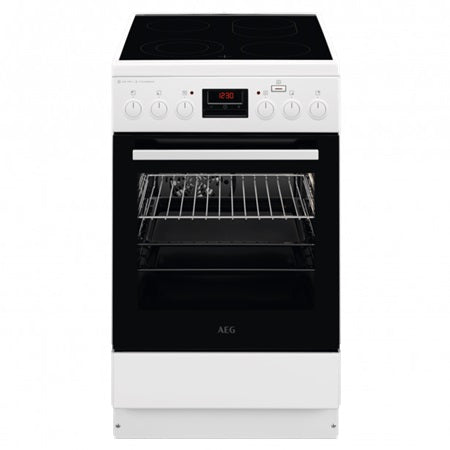 Aragaz AEG CCB56481BW, Cuptor electric, 11 functii, 50 cm, 58 litri, Gatire cu aburi AirFry, Gril electric, Timer electronic, Plita vitroceramica, 4 arzatoare, Capac de sticla, Clasa A, Alb