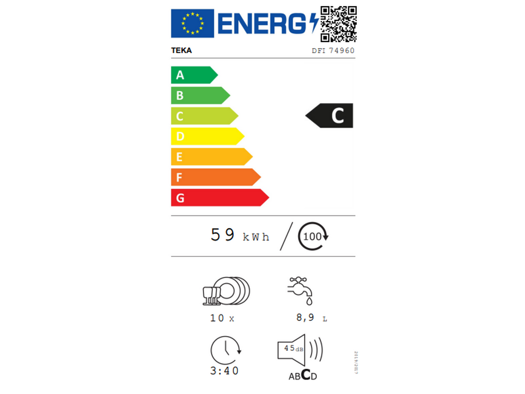Masina de spalat vase Teka DFI 74960, complet incorporabila, 10 seturi, 9 programe de spalare, 45 cm, clasa C
