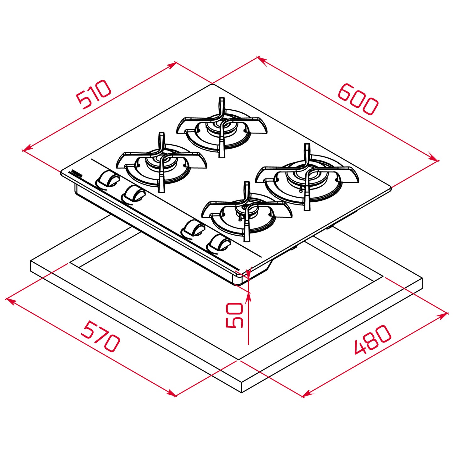 Plita pe gaz Teka GBC 64001 W,4 zone de gatit, 60 cm, Sticla Alba