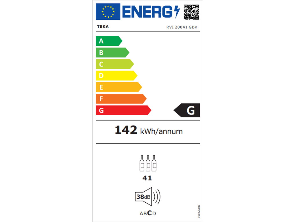 Vitrina frigorifica incorporabila Teka RVI 20041 GBK, 41 sticle, clasa G, sticla neagra