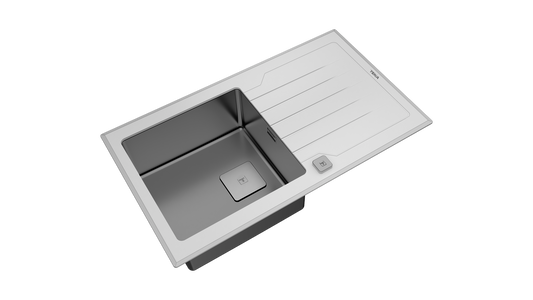 Chiuveta din inox Teka DIAMOND RS15 1B 1D 86, cu finisaj din sticlă PureLine, 1 cuvă din inox și 1 picurător, 860 x 510 mm, Cristal alb