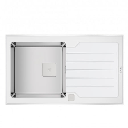 Chiuveta din inox Teka DIAMOND RS15 1B 1D 86, cu finisaj din sticlă PureLine, 1 cuvă din inox și 1 picurător, 860 x 510 mm, Cristal alb