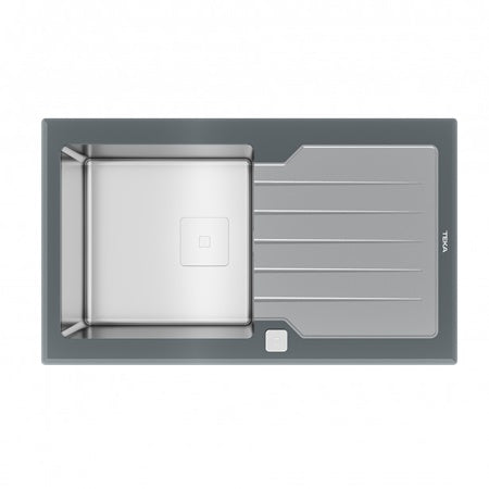 Chiuveta din inox Teka DIAMOND RS15 1B 1D 86, cu finisaj din sticla PureLine, 1 cuva din inox si 1 picurator, 860 x 510 mm, Cristal Stone Grey