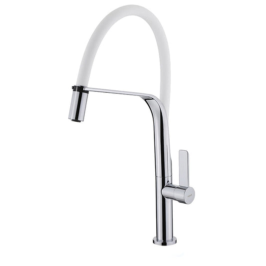 Baterie de bucatarie Teka FO 997 W, cu teava inalta, semiprofesionala, tub flexibil din cauciuc, Alb/Crom