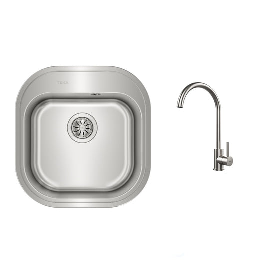 Pachet chiuveta bucatarie Teka TEKAWAY STYLO 1B, 465 x 485 mm si baterie Teka UNI 9310 XP, inox