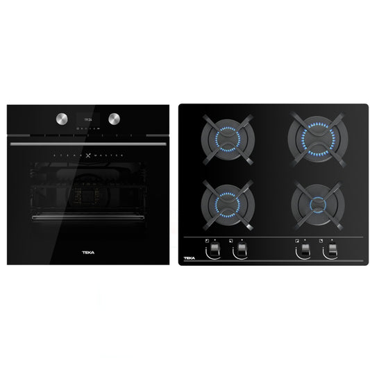 Pachet Cuptor incorporabil Teka STEAK MASTER, 63 litri, Piroliza, HydroClean plus Plita incorporabila pe Gaz, Teka GBC 64000 KBC BK, 4 arzatoare, 60 cm, Sticla Neagra