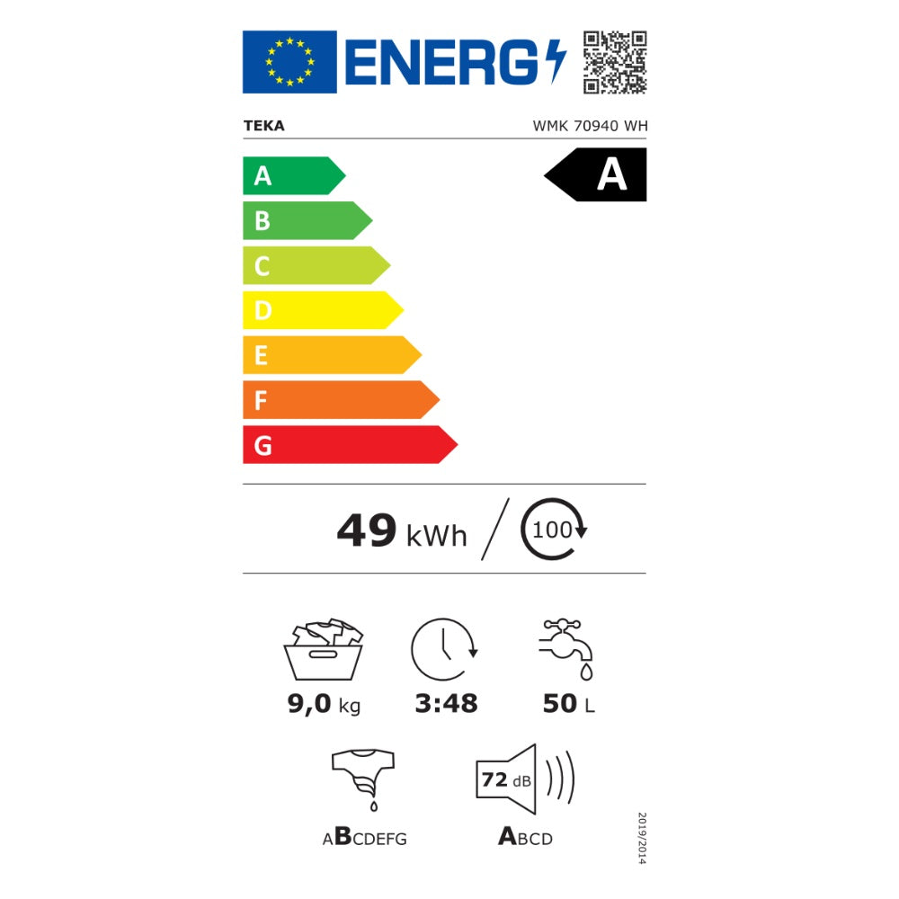 Masina de spalat rufe nu incorporabila, Teka WMK 70940 WH, 9 kg, 1400 rpm, 14 programe de spalare, Motor inverter, 60 cm, clasa A, Alba