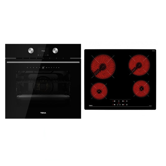 Pachet Cuptor incorporabil Teka STEAK MASTER, 63 litri, Piroliza, HydroClean plus Plita electrica vitroceramica, Teka TB 6415, 4 arzatoare, 60 cm, Sticla Neagra