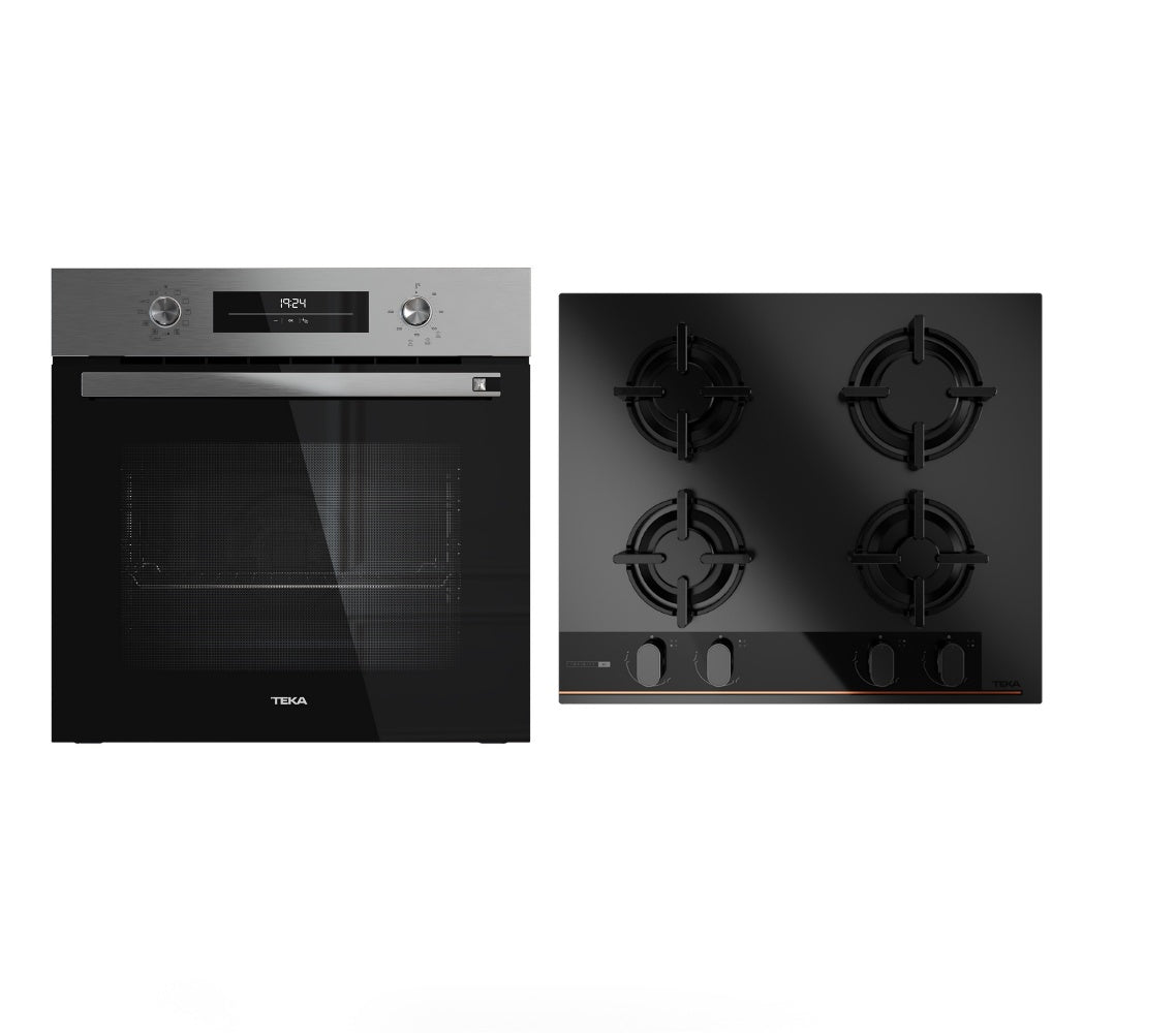 Pachet Cuptor incorporabil Teka NEO HSB 6468 SS, aer cald plus abur, HydroClean Pro, 70 litri, A+, plus Plita pe gaz Teka GBC 64-G1 GBC BM, 4 zone de gatit, 60 cm, gratare fonta, sticla neagra mata
