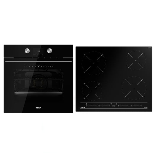 Pachet Cuptor incorporabil Teka STEAK MASTER, 63 litri, Piroliza, HydroClean PRO plus Plita electrica cu inductie, Teka IBC 64010 BK, 4 arzatoare, 60 cm, Sticla Neagra