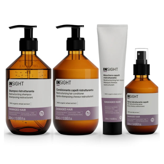Pachet pentru par deteriorat, restructurant cu extract de germeni de grau, organic, INSIGHT, sampon 350 ml, balsam 350 ml, masca 200 ml, spray 100 ml