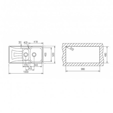 Chiuveta din inox Teka Universo 1 1/2 B 1D, 1000 x 500 mm, 1,5 cuve, Microtexturat, picurator stanga