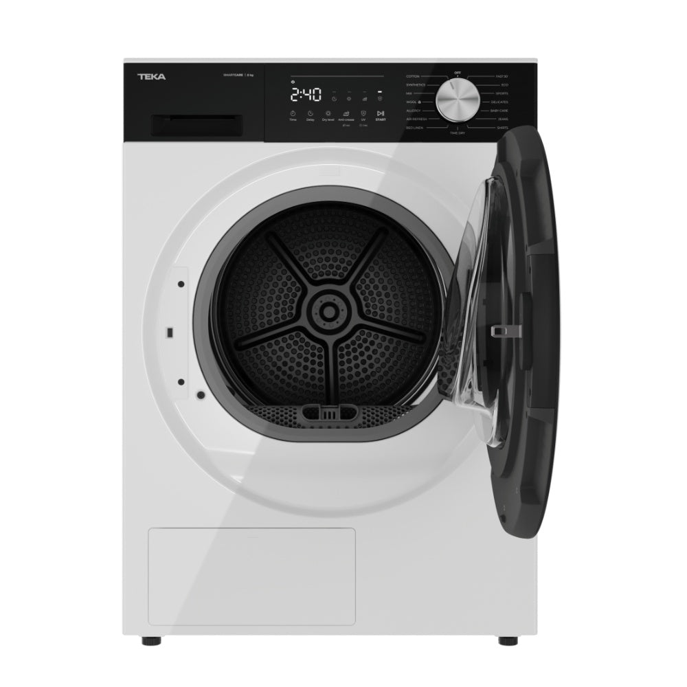 Uscator de rufe free-standing Teka D 208D W EU cu Pompa de caldura prin condensare, Motor invertor, 8 kg, 16 programe, clasa D, 60 cm, alb