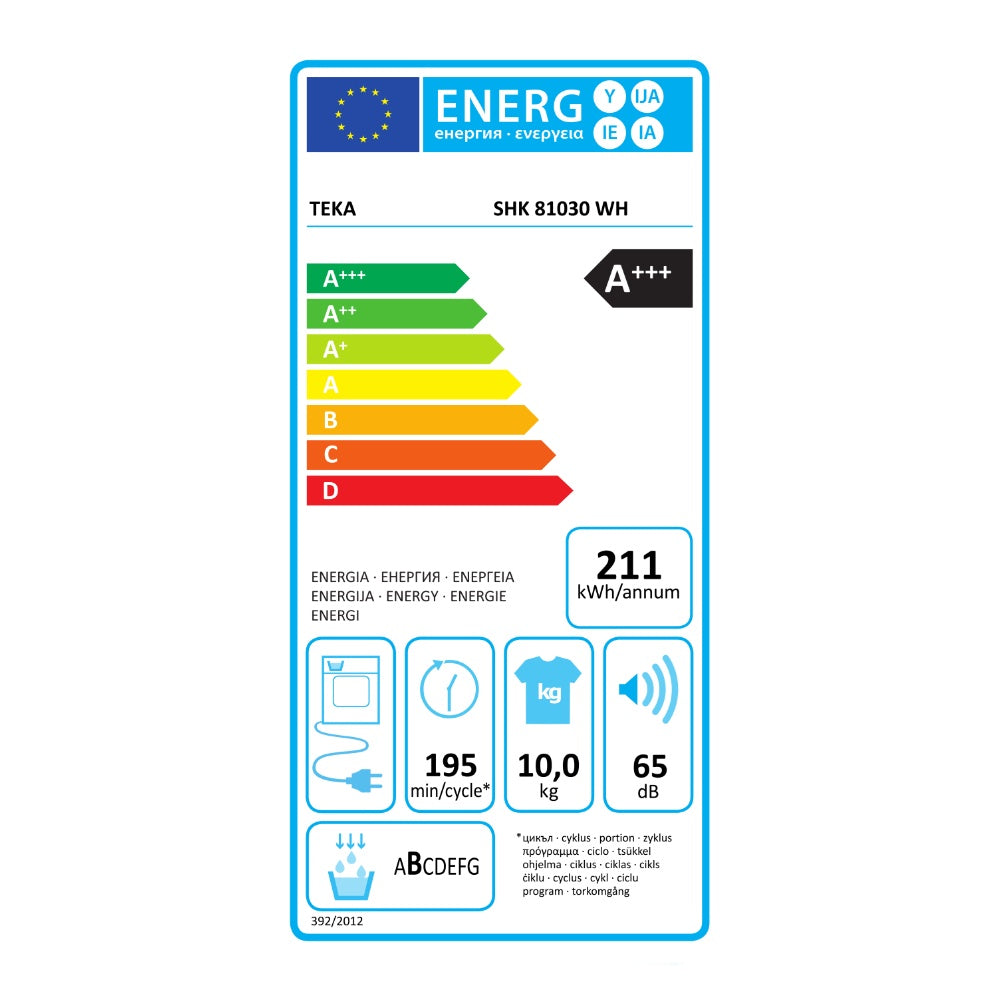 Uscator de rufe free-standing Teka SHK 81030 WH cu Pompa de caldura prin condensare, 10 kg, 14 programe, A+++, Alb