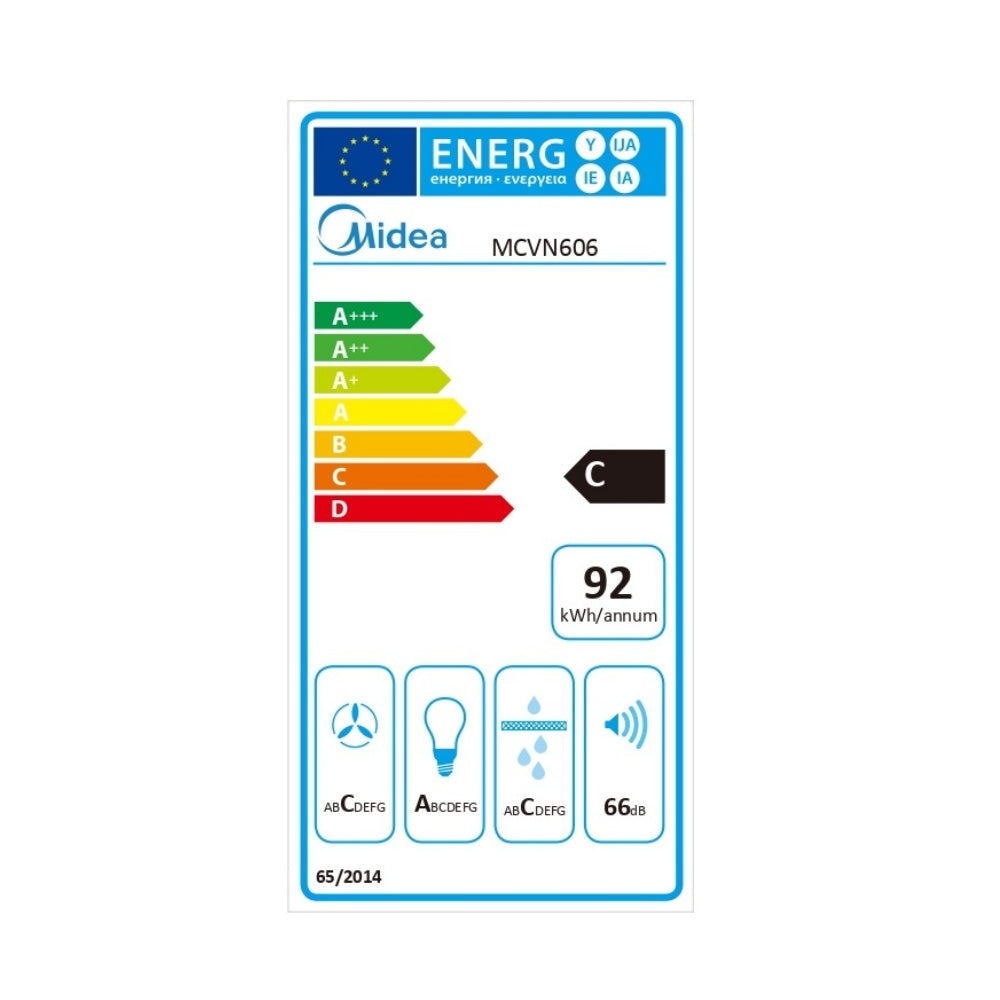Hota semineu Midea MCVN606, 620 m³/h, 60 cm, Clasa C, 3 viteze, Neagra