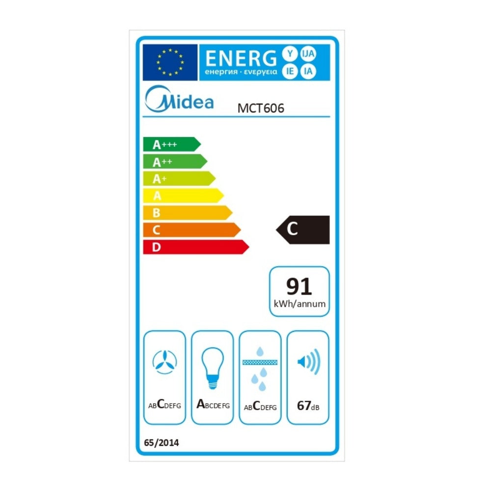 Hota semineu Midea MCT606, 630 m³/h, 60 cm, Clasa C, 3 viteze, Inox
