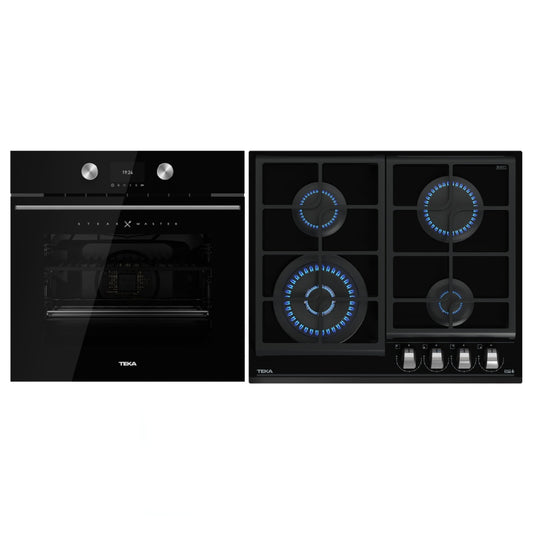 Pachet Cuptor incorporabil Teka STEAK MASTER, 63 litri, Piroliza, HydroClean plus Plita incorporabila pe Gaz, Teka GZC 64320 XBC BK, 4 arzatoare, 60 cm, Sticla Neagra