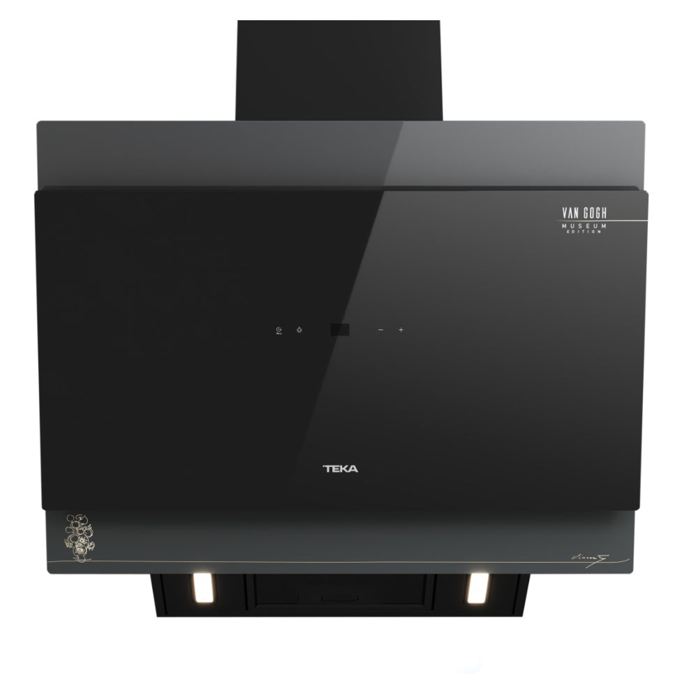 Hota cu design vertical, Teka DVT-VG 68660 TOS BK, 60 cm, 3 trepte putere si Turbo, Extractie perimetrala, Functie Freesh Air, 698 (m3/h), A+, Cristal gri închis/negru cu detalii în culoarea sampaniei