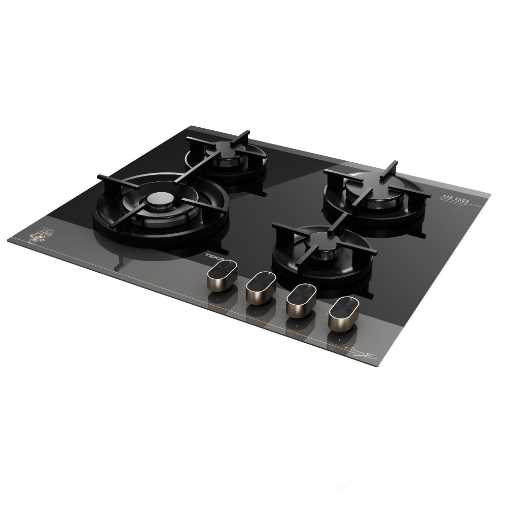 Plita pe gaz Teka GBC 64-VGogh VBC, 4 ochiuri, 60 cm, gratare din fonta, cristal securizat, Cristal gri închis/negru cu detalii în culoarea sampaniei