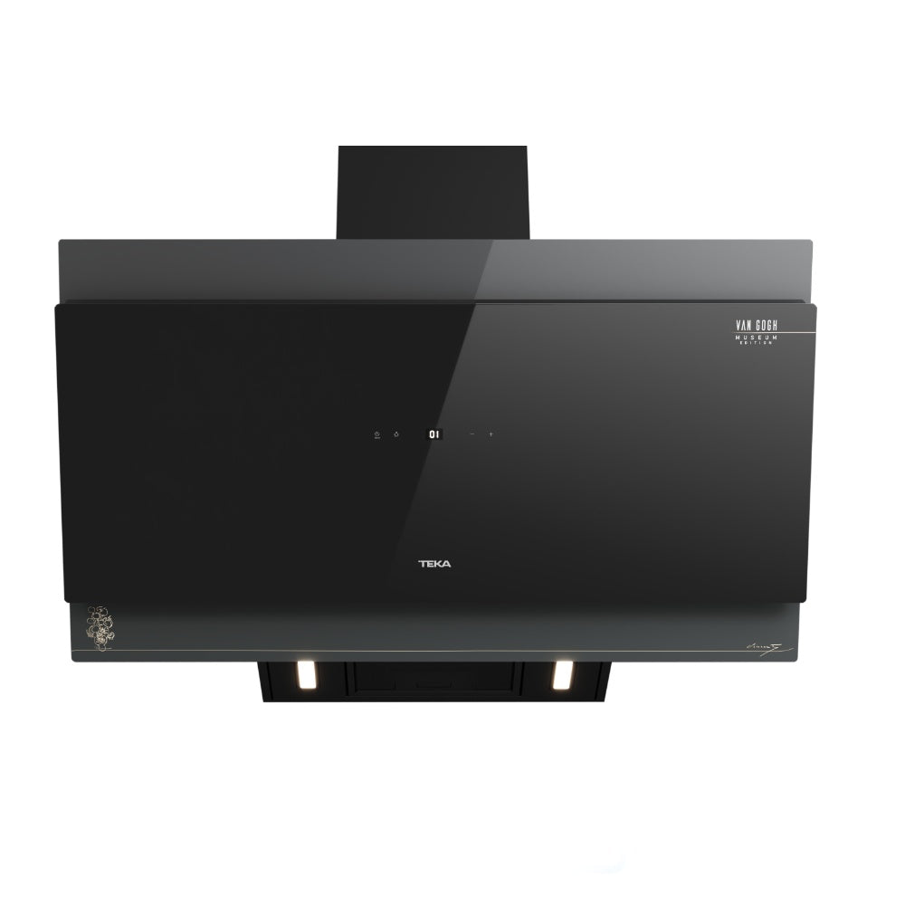 Hota cu design vertical, Teka DVT-VG 98660 TOS BK, 90 cm, 3 trepte putere si Turbo, Extractie perimetrala, Functie Freesh Air, 698 (m3/h), A+, Cristal gri închis/negru cu detalii în culoarea sampaniei