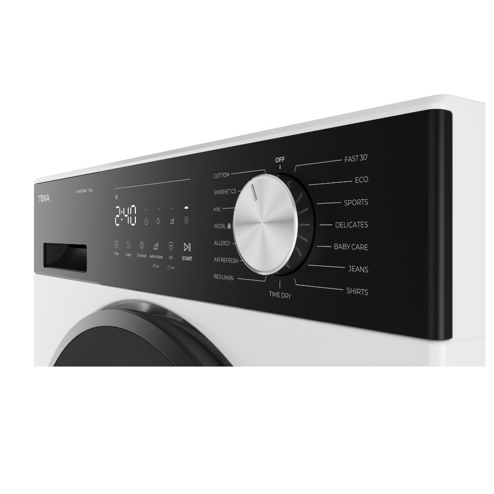 Uscator de rufe free-standing Teka D 208D W EU cu Pompa de caldura prin condensare, Motor invertor, 8 kg, 16 programe, clasa D, 60 cm, alb